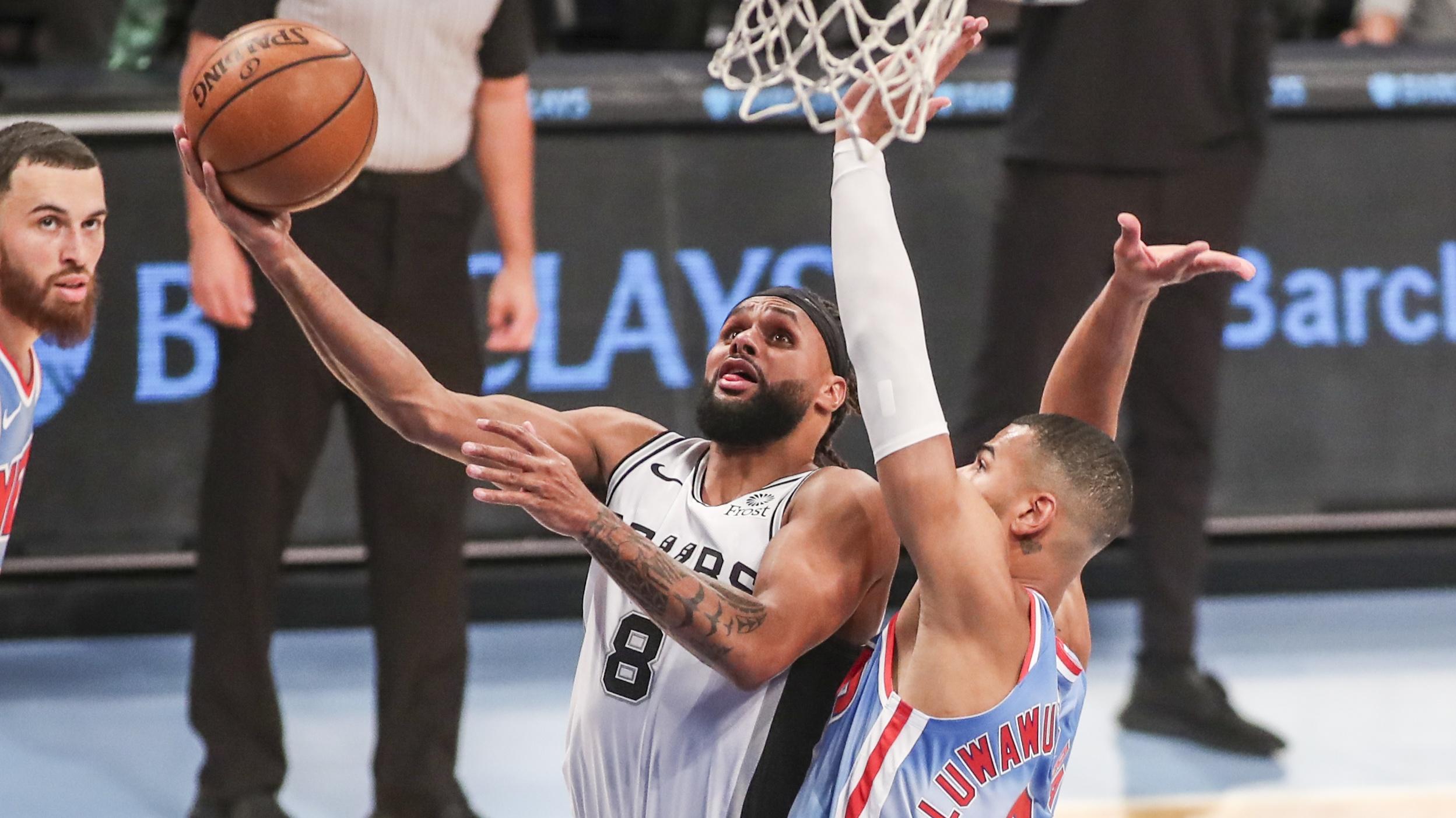May 12, 2021; Brooklyn, New York, USA; San Antonio Spurs guard Patty Mills (8) goes to the basket during the second quarter against the Brooklyn Nets at Barclays Center. Mandatory Credit: Wendell Cruz-USA TODAY Sports / © Wendell Cruz-USA TODAY Sports