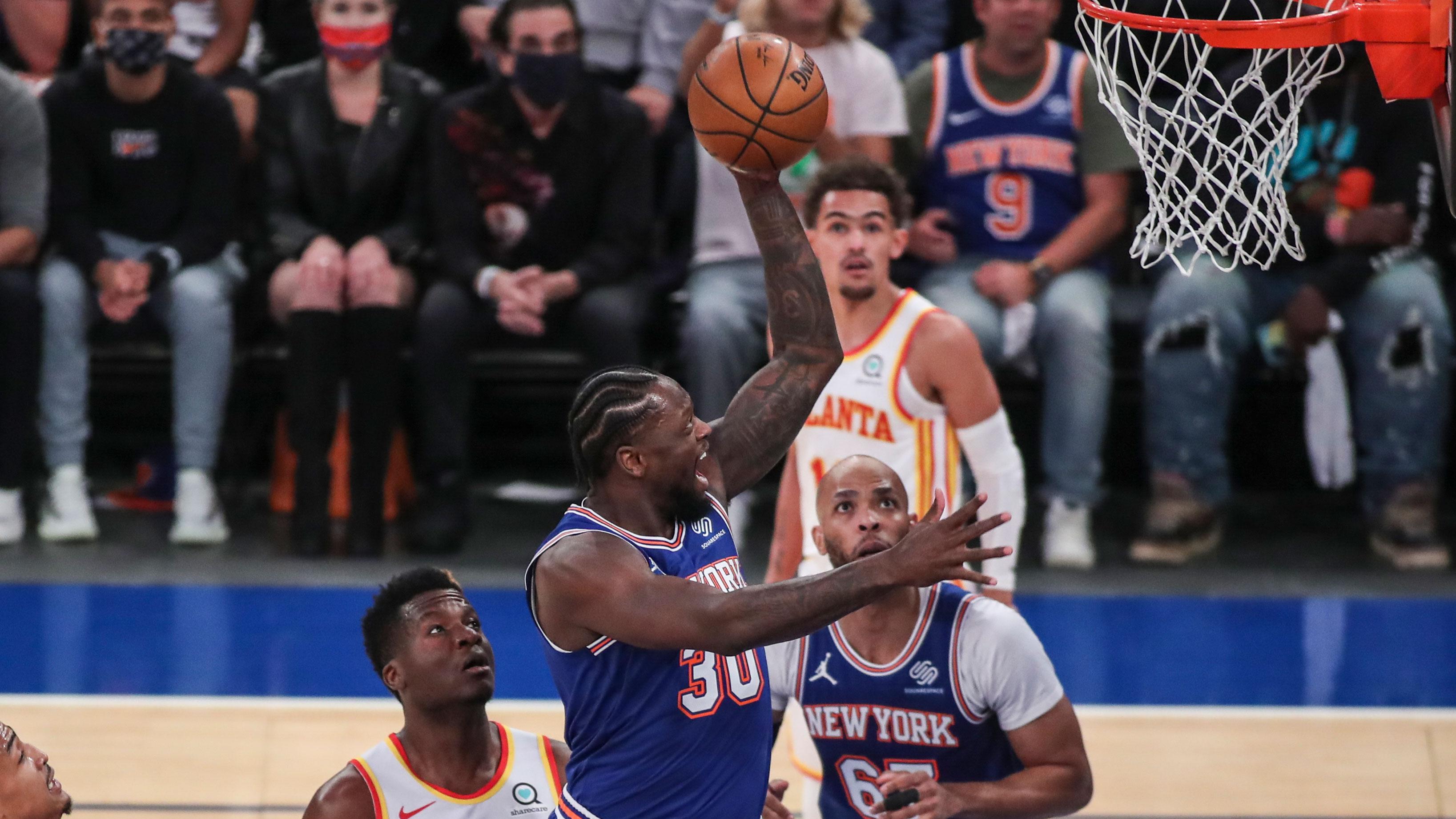 Jun 2, 2021; New York, New York, USA; New York Knicks forward Julius Randle (30) drives to the basket in the first quarter against the Atlanta Hawks during game five in the first round of the 2021 NBA Playoffs. at Madison Square Garden. / Wendell Cruz-USA TODAY Sports