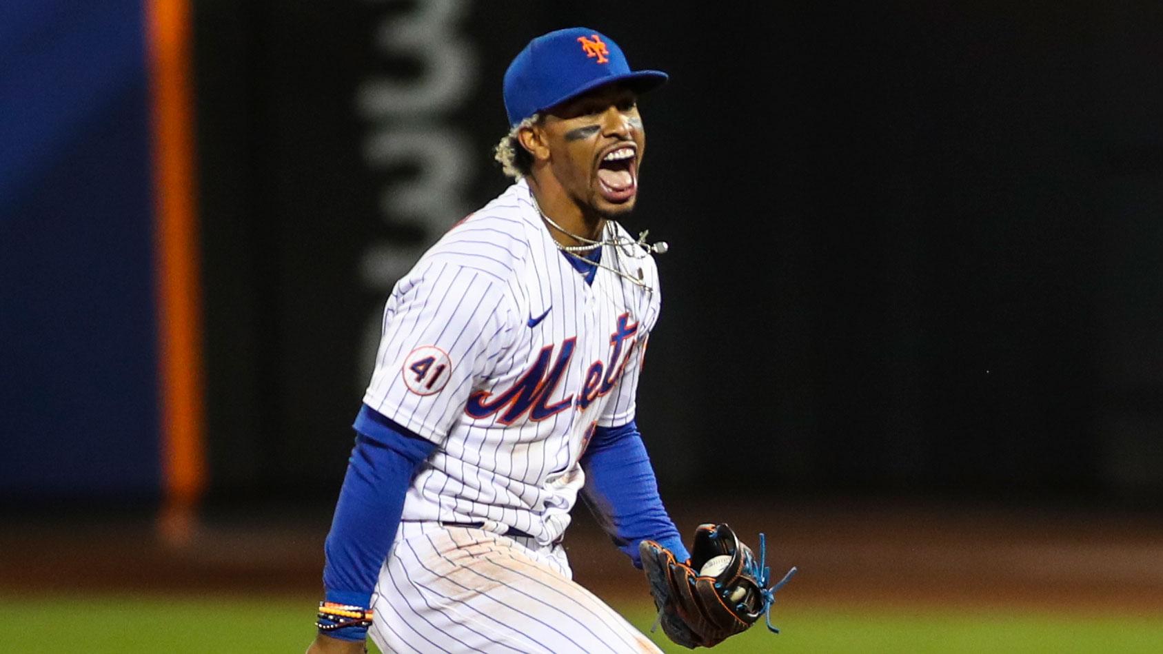 Apr 27, 2021; New York City, New York, USA; New York Mets shortstop Francisco Lindor (12) reacts after tagging out Boston Red Sox right fielder Hunter Renfroe (not pictured) for an unassisted double play during the seventh inning at Citi Field. / Wendell Cruz-USA TODAY Sports