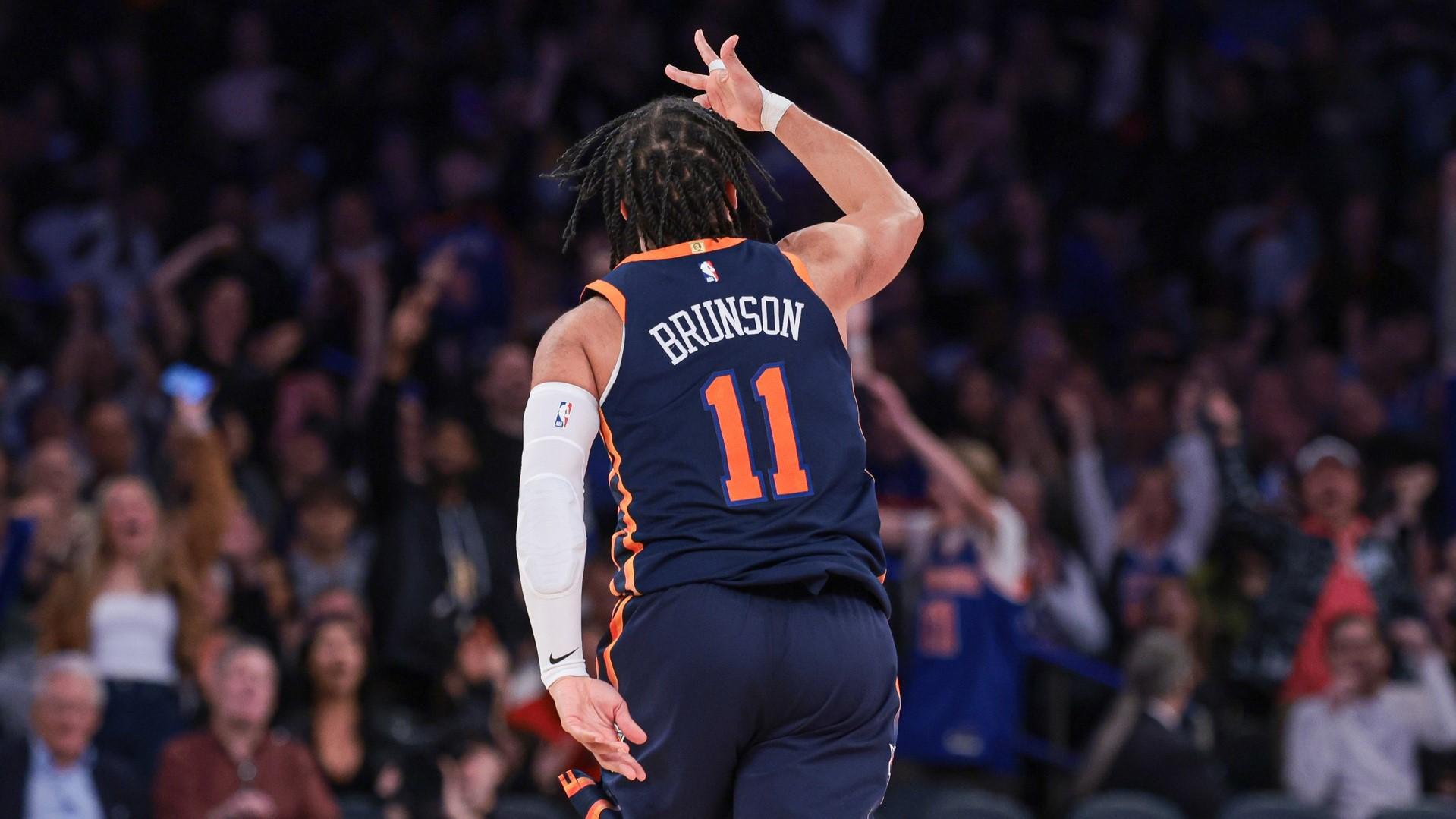 Apr 12, 2024; New York, New York, USA; New York Knicks guard Jalen Brunson (11) reacts after a three-point basket during the second half against the Brooklyn Nets at Madison Square Garden. / Vincent Carchietta-USA TODAY Sports