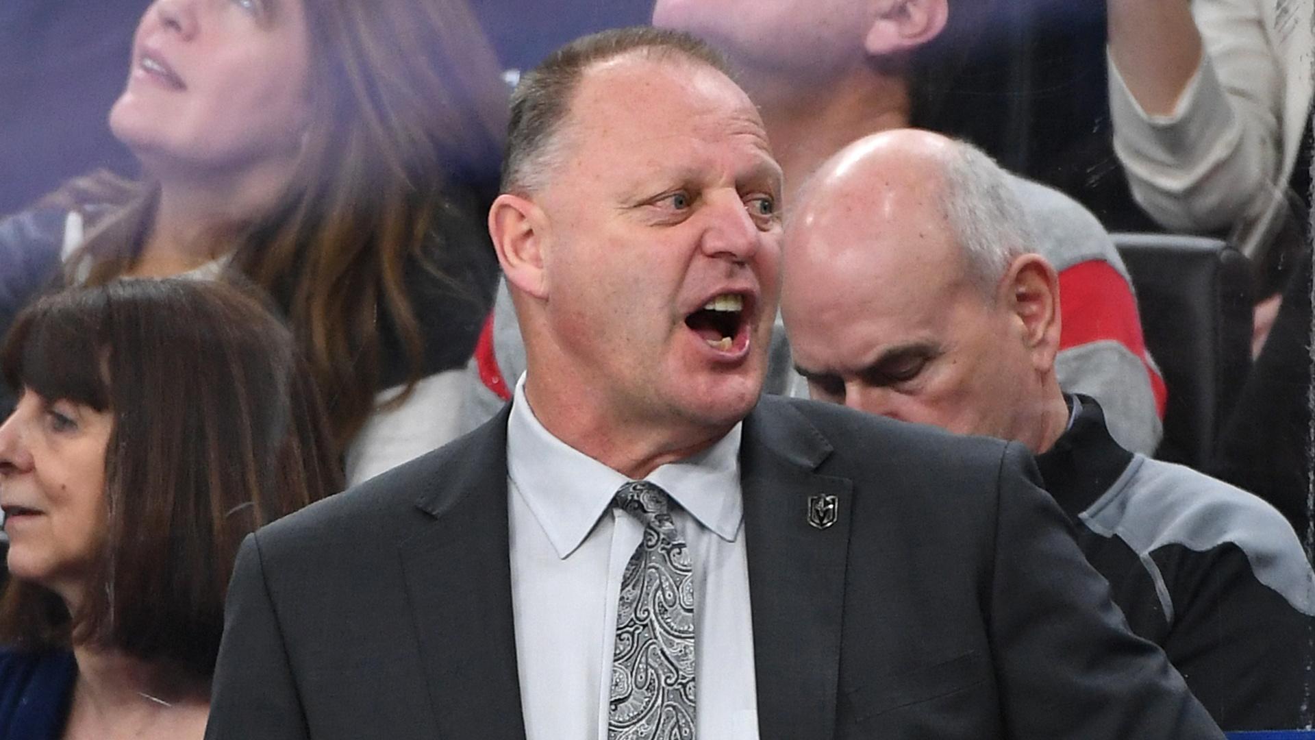 Mar 23, 2019; Las Vegas, NV, USA; Vegas Golden Knights head coach Gerard Gallant is pictured during the third period against the Detroit Red Wings at T-Mobile Arena. / © Stephen R. Sylvanie-USA TODAY Sports