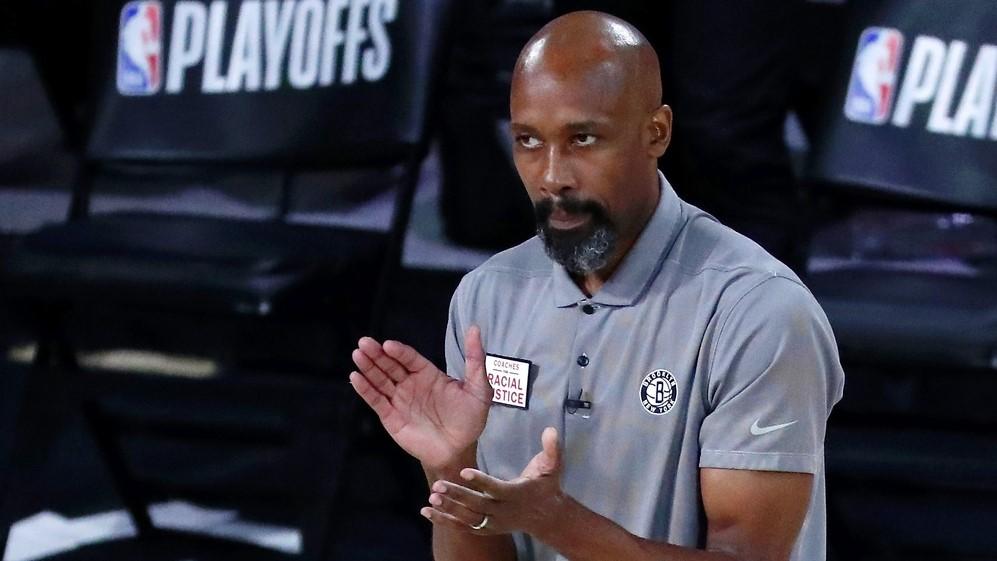 Aug 21, 2020; Lake Buena Vista, Florida, USA; Brooklyn Nets head coach Jacque Vaughn reacts to a play during the second half in game three of the first round of the 2020 NBA Playoffs against the Toronto Raptors at The Field House. / Kim Klement-USA TODAY Sports