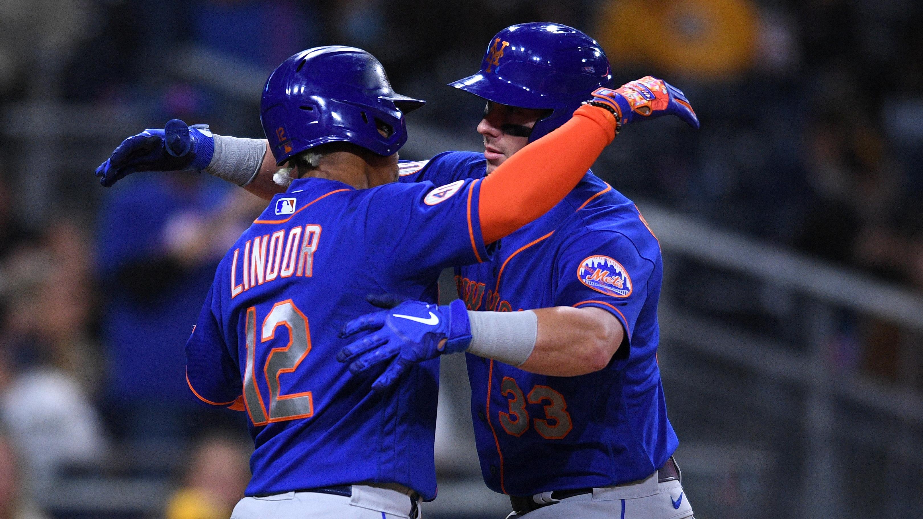Jun 3, 2021; San Diego, California, USA; New York Mets catcher James McCann (33) celebrates with shortstop Francisco Lindor (12) after hitting a two-run home run against the San Diego Padres during the sixth inning at Petco Park. / Orlando Ramirez-USA TODAY Sports