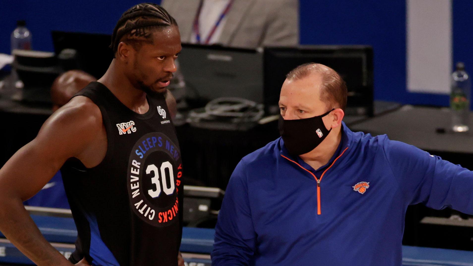 Dec 26, 2020; New York, New York, USA; New York Knicks head coach Tom Thibodeau talks to forward Julius Randle during the second half of an NBA basketball game against the Philadelphia 76ers on Saturday, Dec. 26, 2020, in New York. The 76ers defeated the Knicks 109-89 at Madison Square Garden. / Adam Hunger/Pool Photo-USA TODAY Sports