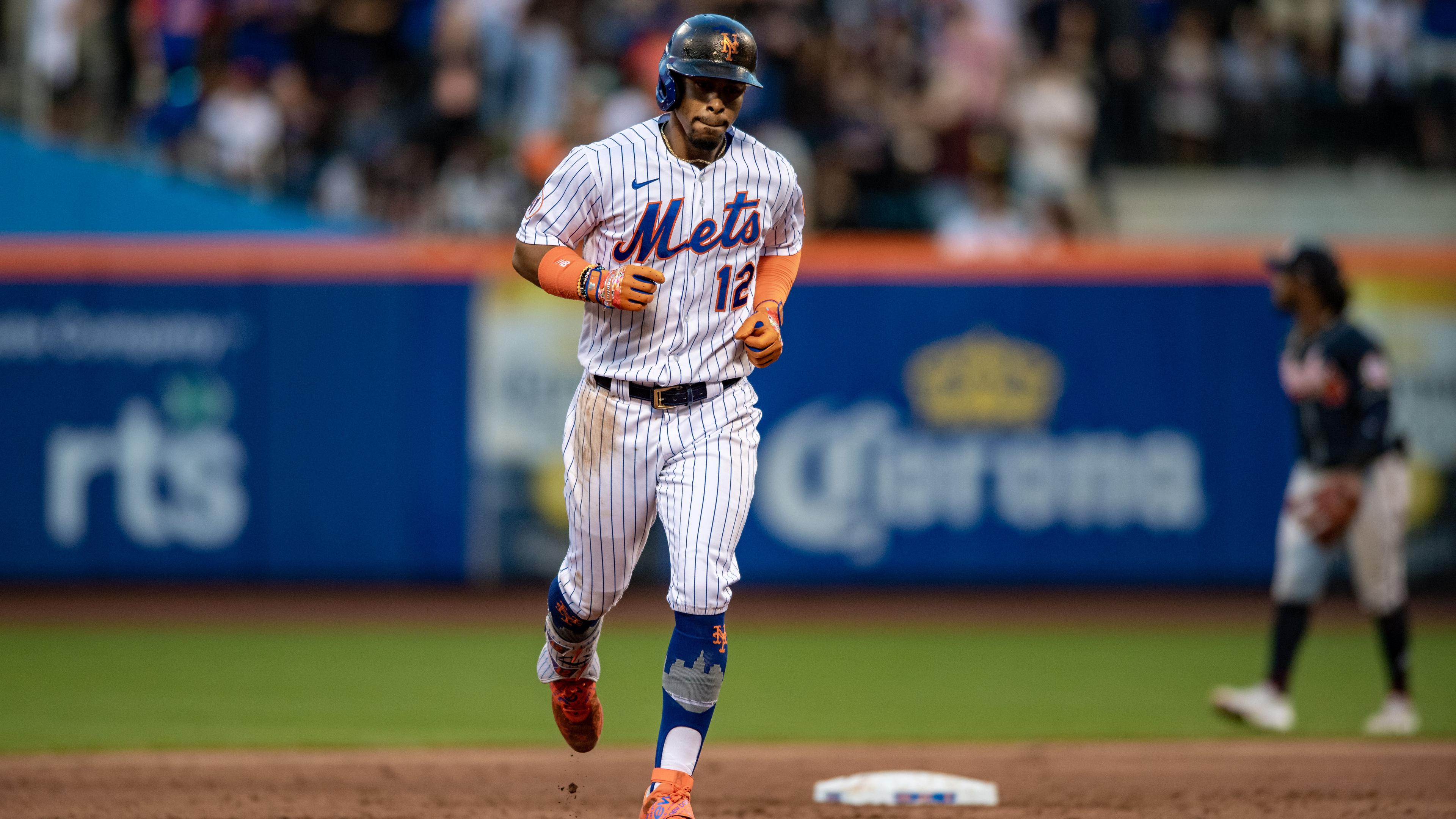 Jun 23, 2021; New York City, New York, USA; New York Mets shortstop Francisco Lindor (12) rounds the bases after hitting a two run home run against the Atlanta Braves during the second inning at Citi Field. / John Jones-USA TODAY Sports