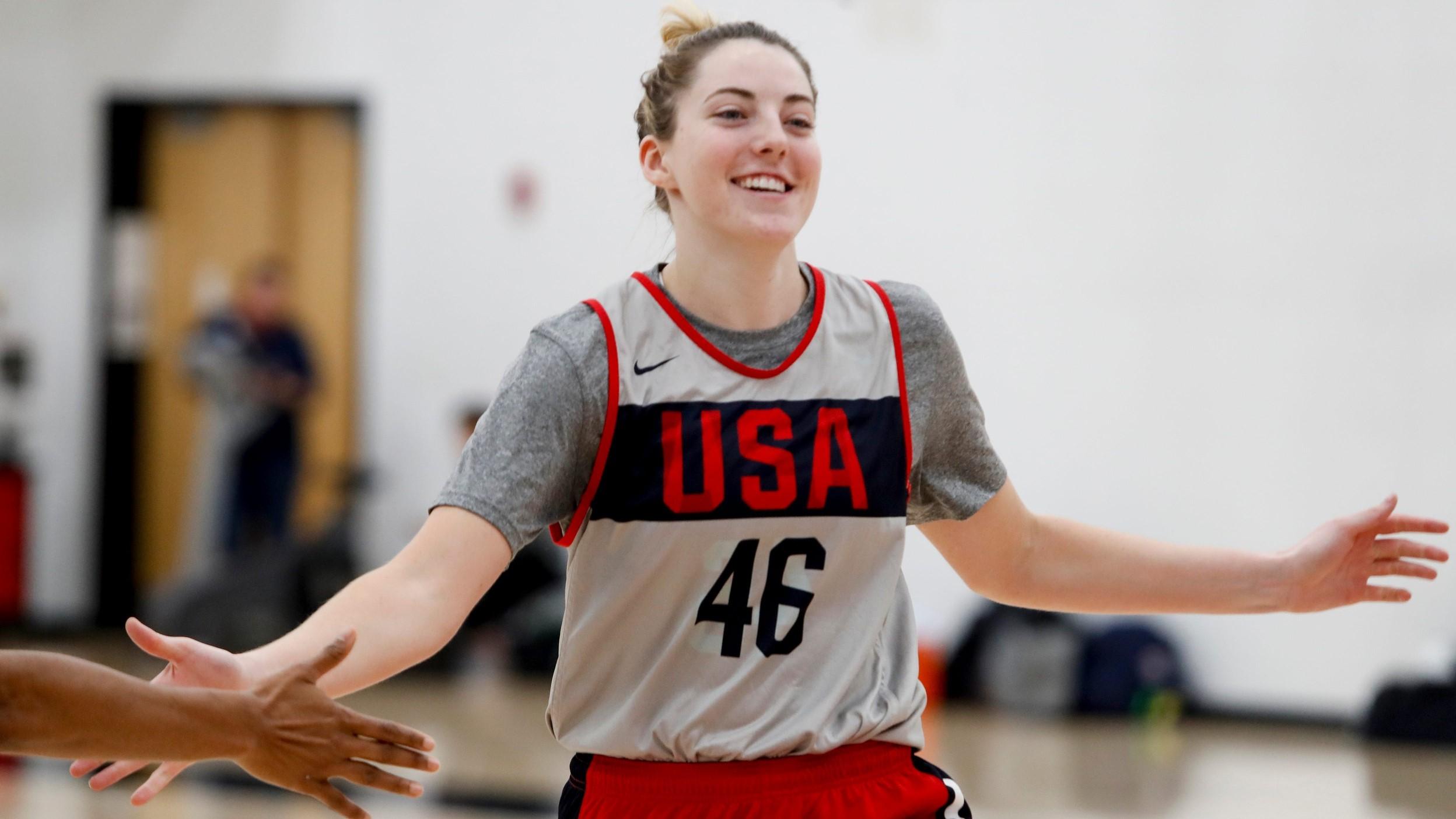 USA Basketball Women's National Team's Katie Lou Samuelson celebrates with her teammates during practice on campus on Jan. 31, 2020. / Scott Utterback-Louisville Courier Journal via Imagn Content Services, LLC