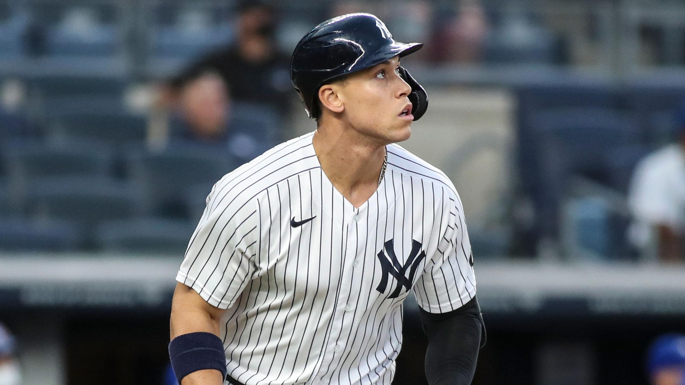 May 27, 2021; Bronx, New York, USA; New York Yankees designated hitter Aaron Judge (99) looks up while headed to first base off a two-run home run in the third inning against the Toronto Blue Jays at Yankee Stadium. / Wendell Cruz-USA TODAY Sports