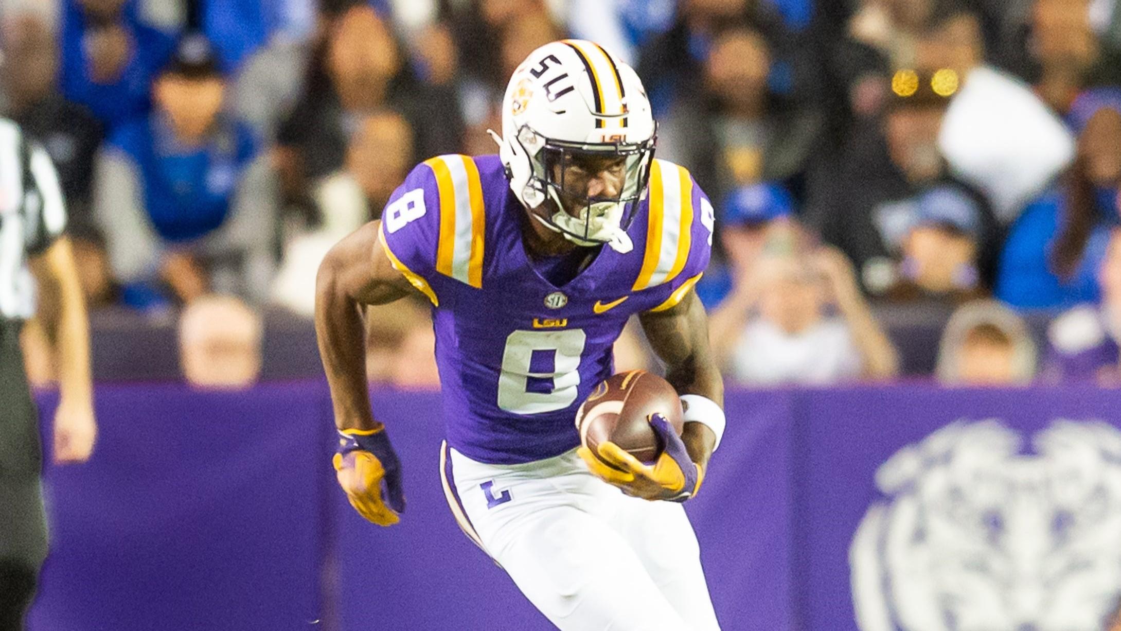 Tigers receiver Malik Nabers 8 runs the ball as the LSU Tigers take on Georgia State in Tiger Stadium in Baton Rouge, Louisiana, November 18, 2023. / © SCOTT CLAUSE/USA TODAY Network / USA TODAY NETWORK