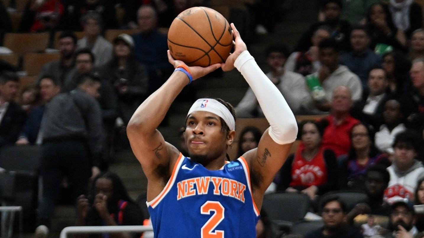 New York Knicks guard Miles McBride (2) shoots the ball against the Toronto Raptors in the first half at Scotiabank Arena. / Dan Hamilton-USA TODAY Sports