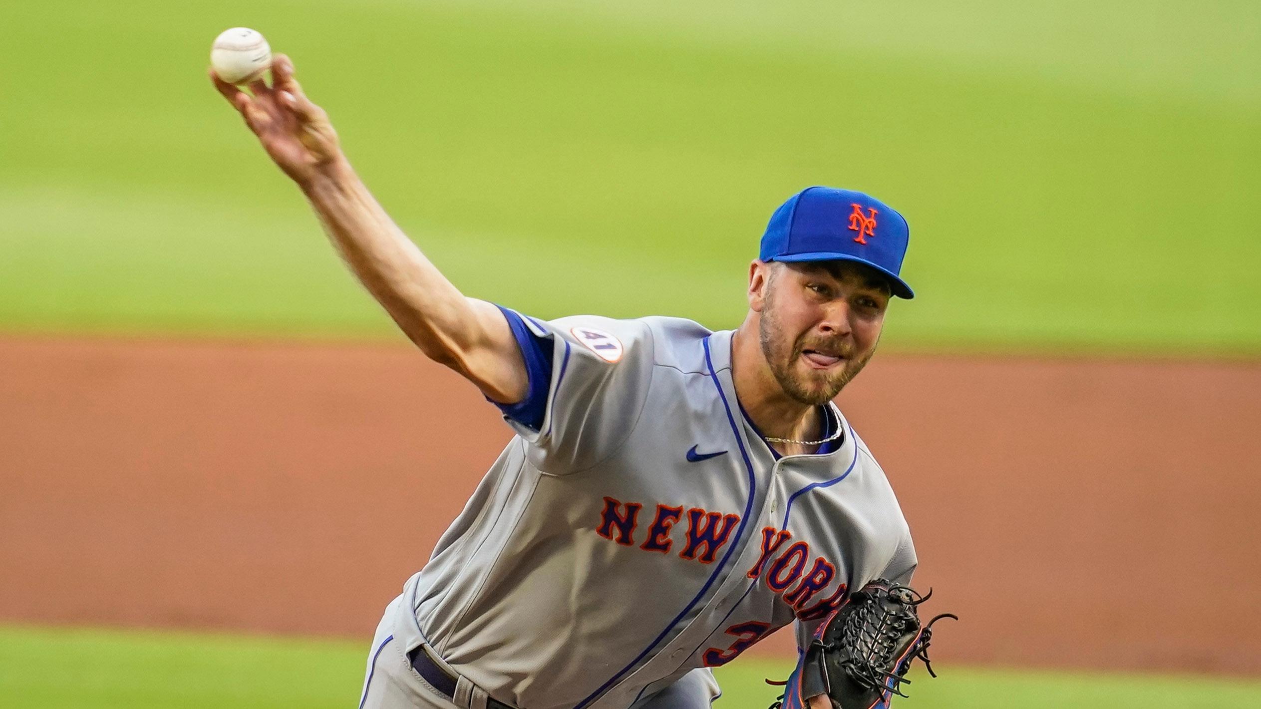 New York Mets relief pitcher Tylor Megill (38) pitches against the Atlanta Braves during the first inning at Truist Park. / Dale Zanine-USA TODAY
