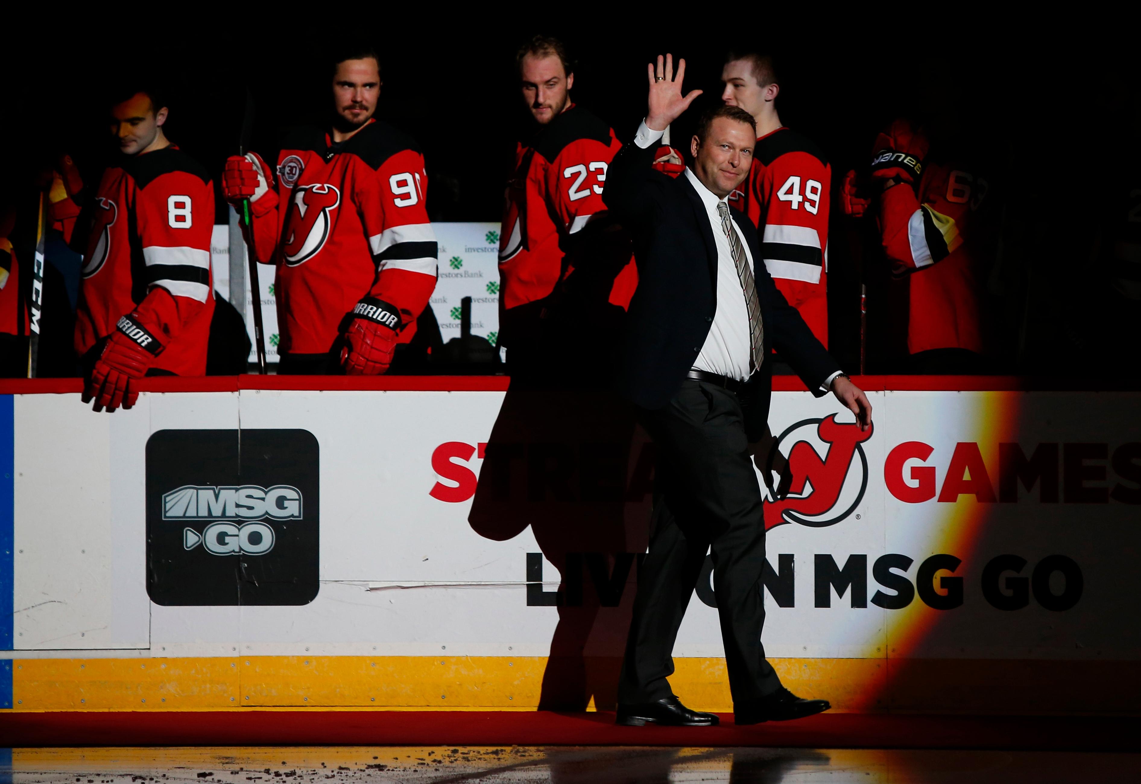 Nov 13, 2018; Newark, NJ, USA; New Jersey Devils former goalie and NHL hall of fame Martin Brodeur during ceremonial puck drop, before game between the New Jersey Devils and the Pittsburgh Penguins at Prudential Center. Mandatory Credit: Noah K. Murray-USA TODAY Sports / © Noah K. Murray-USA TODAY Sports