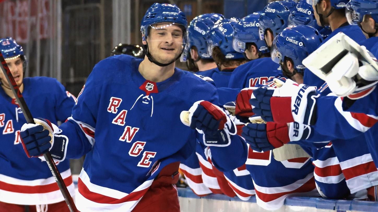Feb 26, 2021; New York, New York, USA; Julien Gauthier #12 of the New York Rangers celebrates his goal at 13:16 of the first period against the Boston Bruins at Madison Square Garden. / POOL PHOTOS-USA TODAY Sports
