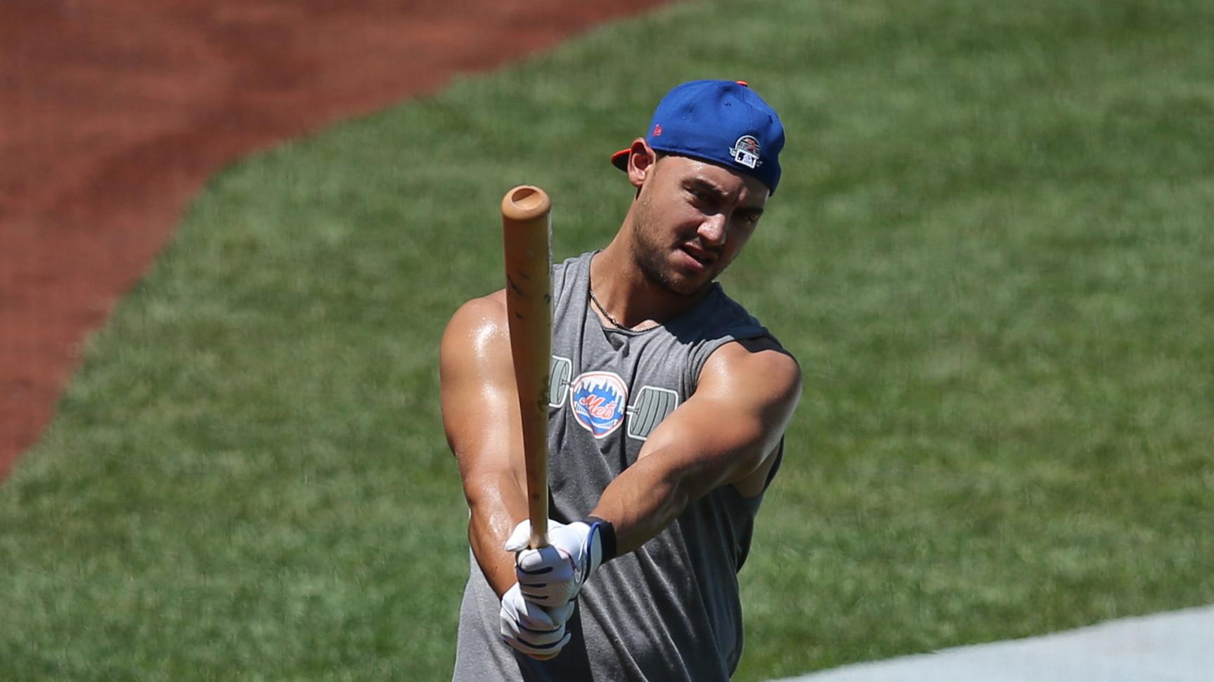Jul 9, 2020; Flushing Meadows, New York, United States; New York Mets right fielder Michael Conforto (30) swings a bat outside the batting cage during batting practice during summer camp workouts at Citi Field. / Brad Penner-USA TODAY Sports