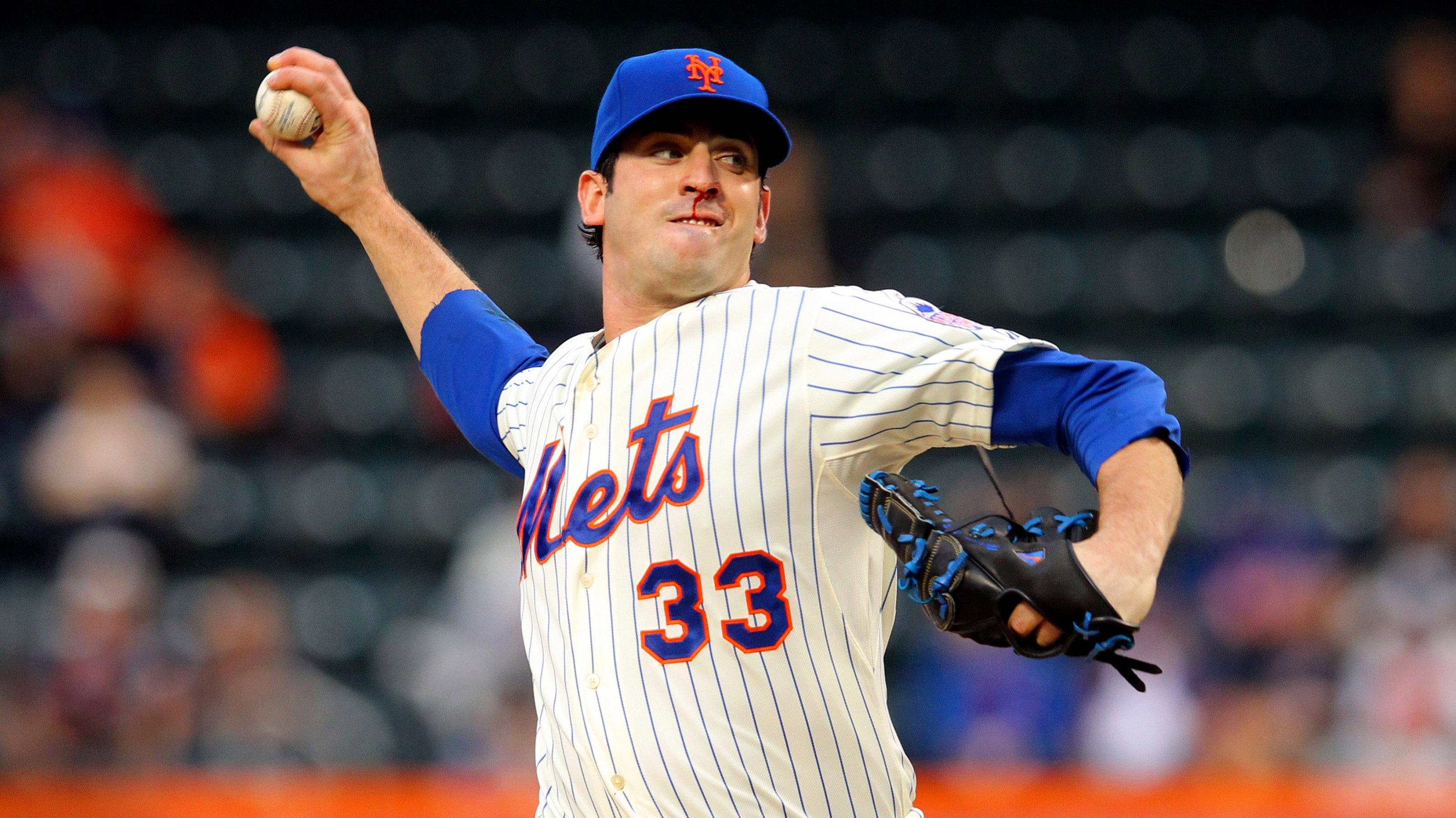 May 7, 2013; New York, NY, USA; New York Mets starting pitcher Matt Harvey (33) pitches against the Chicago White Sox with a bloody nose during the first inning of a game at Citi Field. / Brad Penner-USA TODAY Sports