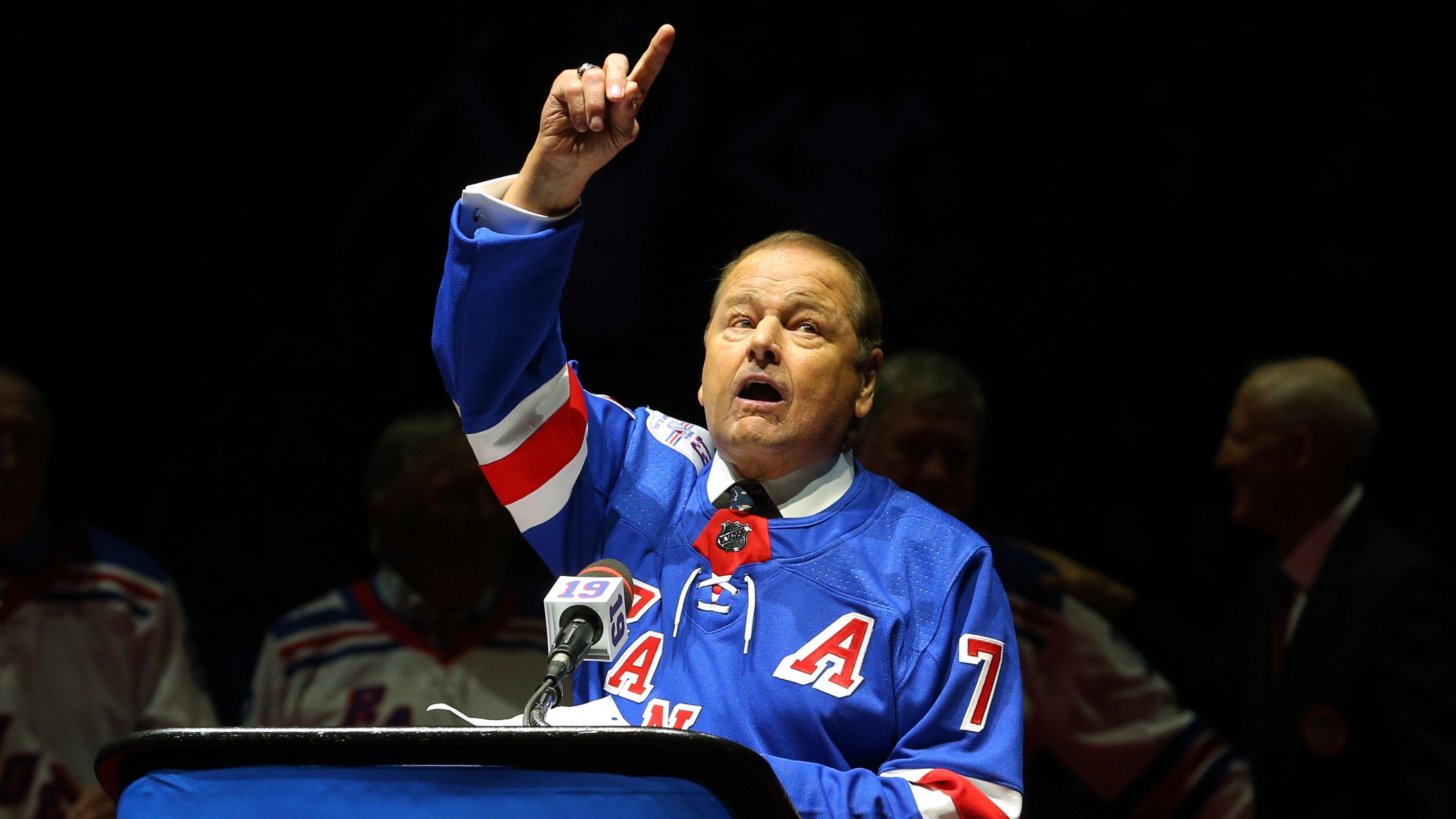 Feb 25, 2018; New York, NY, USA; Former Rangers star Rod Gilbert speaks during a banner raising ceremony for former Ranger star Jean Ratelle before a game between the New York Rangers and Detroit Red Wings at Madison Square Garden. Mandatory Credit: Brad Penner-USA TODAY Sports / Brad Penner-USA TODAY Sports