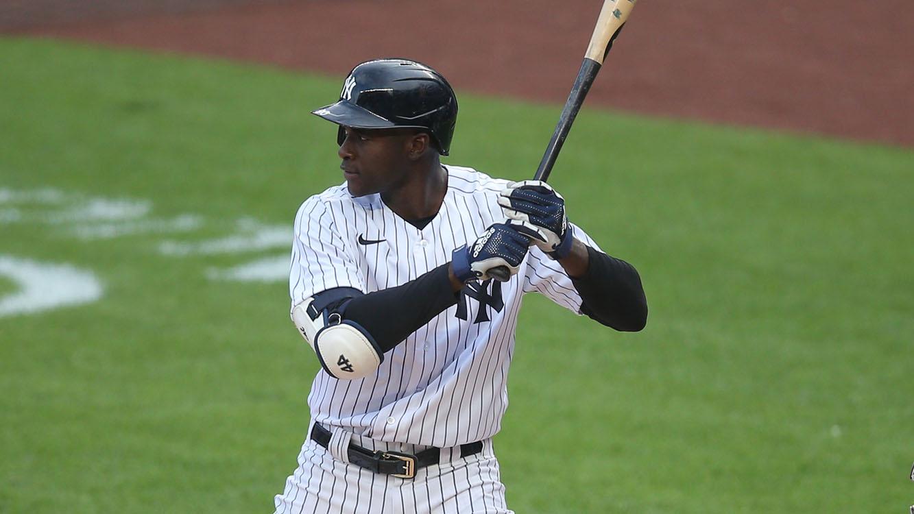 Aug 28, 2020; Bronx, New York, USA; New York Yankees center fielder Estevan Florial (90) bats during the first inning of the first game of a double header against the New York Mets at Yankee Stadium. / Brad Penner-USA TODAY Sports