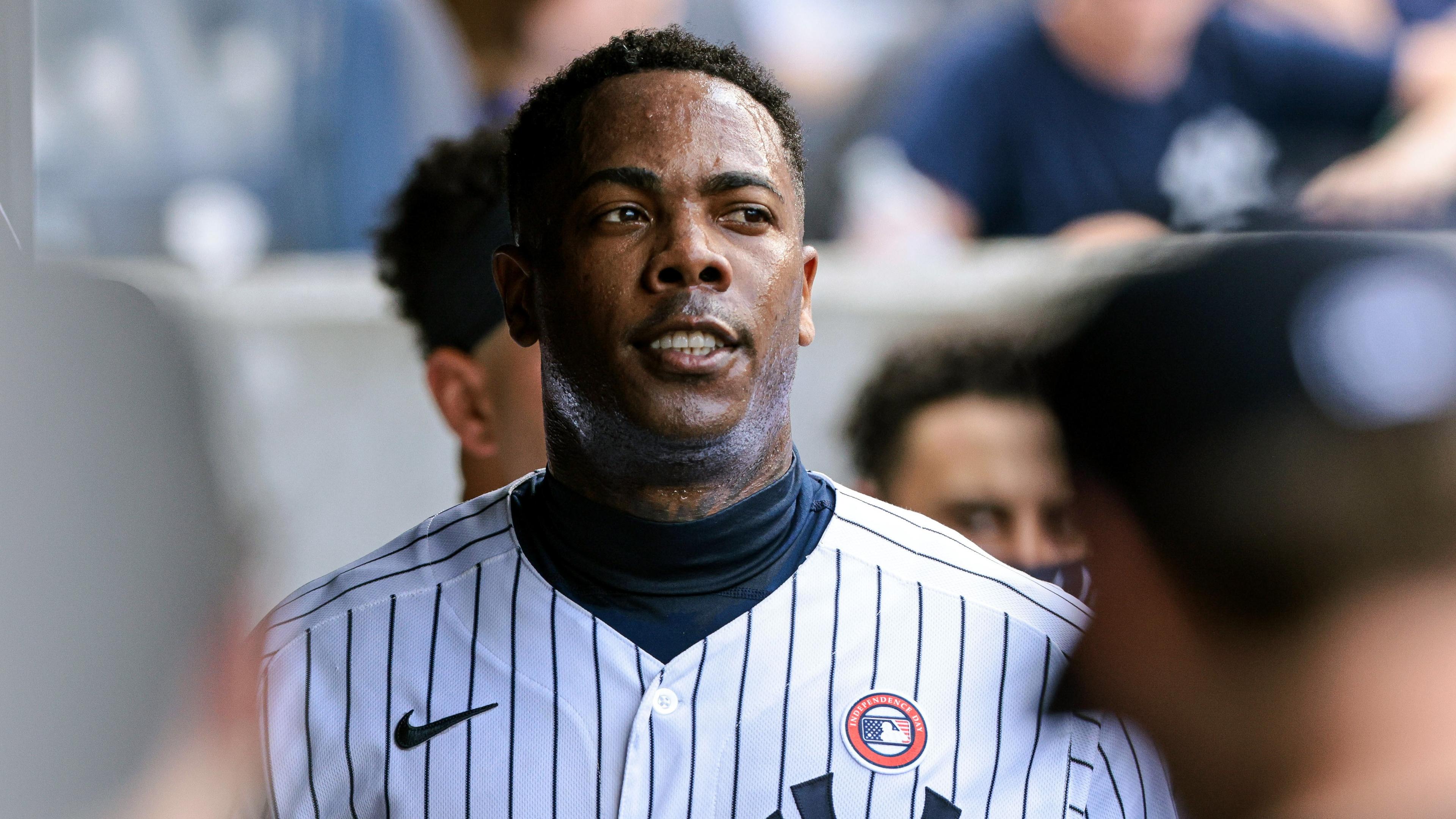 Jul 4, 2021; Bronx, New York, USA; New York Yankees relief pitcher Aroldis Chapman (54) reacts in the dugout after being relieved from the game during the seventh inning against the New York Mets at Yankee Stadium. Mandatory Credit: Vincent Carchietta-USA TODAY Sports / © Vincent Carchietta-USA TODAY Sports