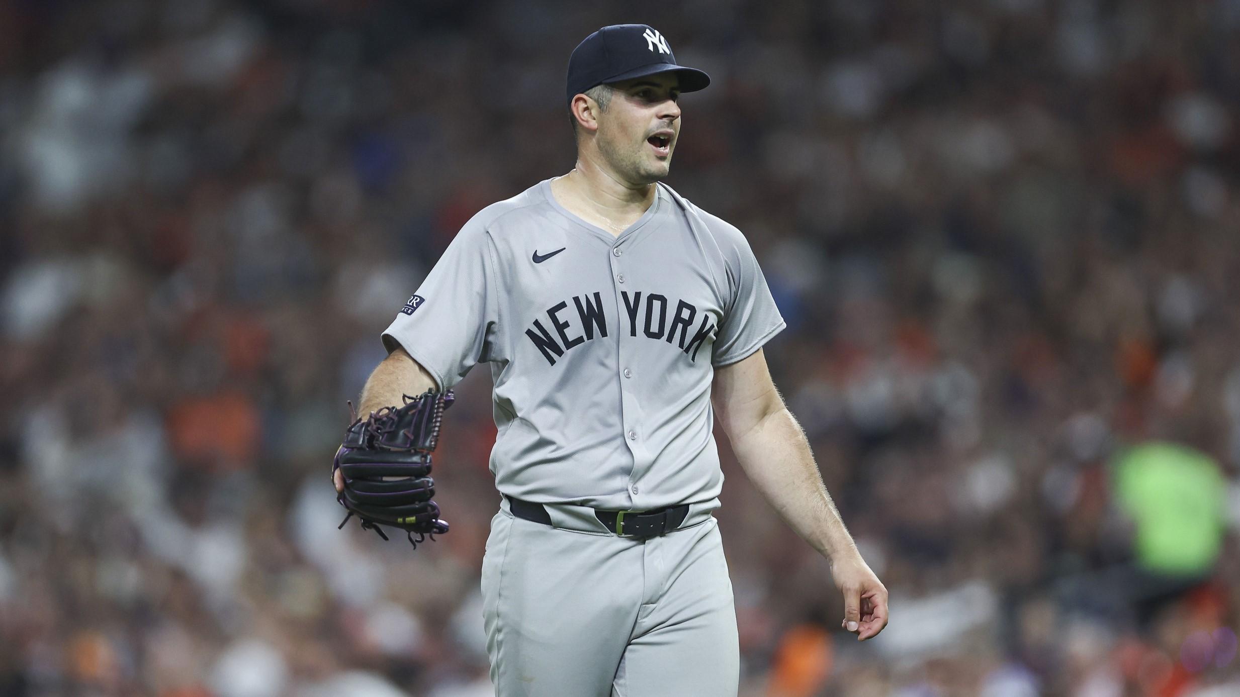 Mar 29, 2024; Houston, Texas, USA; New York Yankees starting pitcher Carlos Rodon (55) reacts after issuing a walk during the second inning against the Houston Astros at Minute Maid Park. / Troy Taormina-USA TODAY Sports