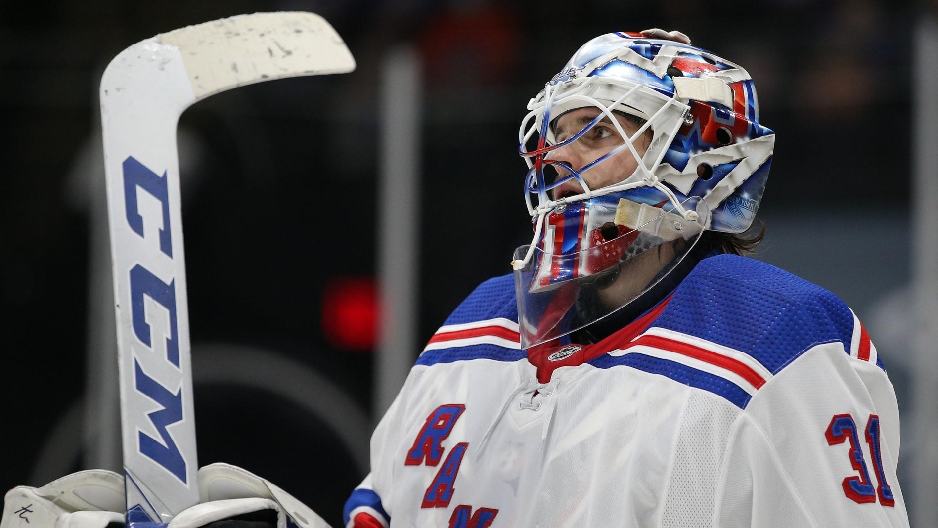 Apr 20, 2021; Uniondale, New York, USA; New York Rangers goalie Igor Shesterkin (31) reacts during the third period against the New York Islanders at Nassau Veterans Memorial Coliseum. / Brad Penner-USA TODAY Sports