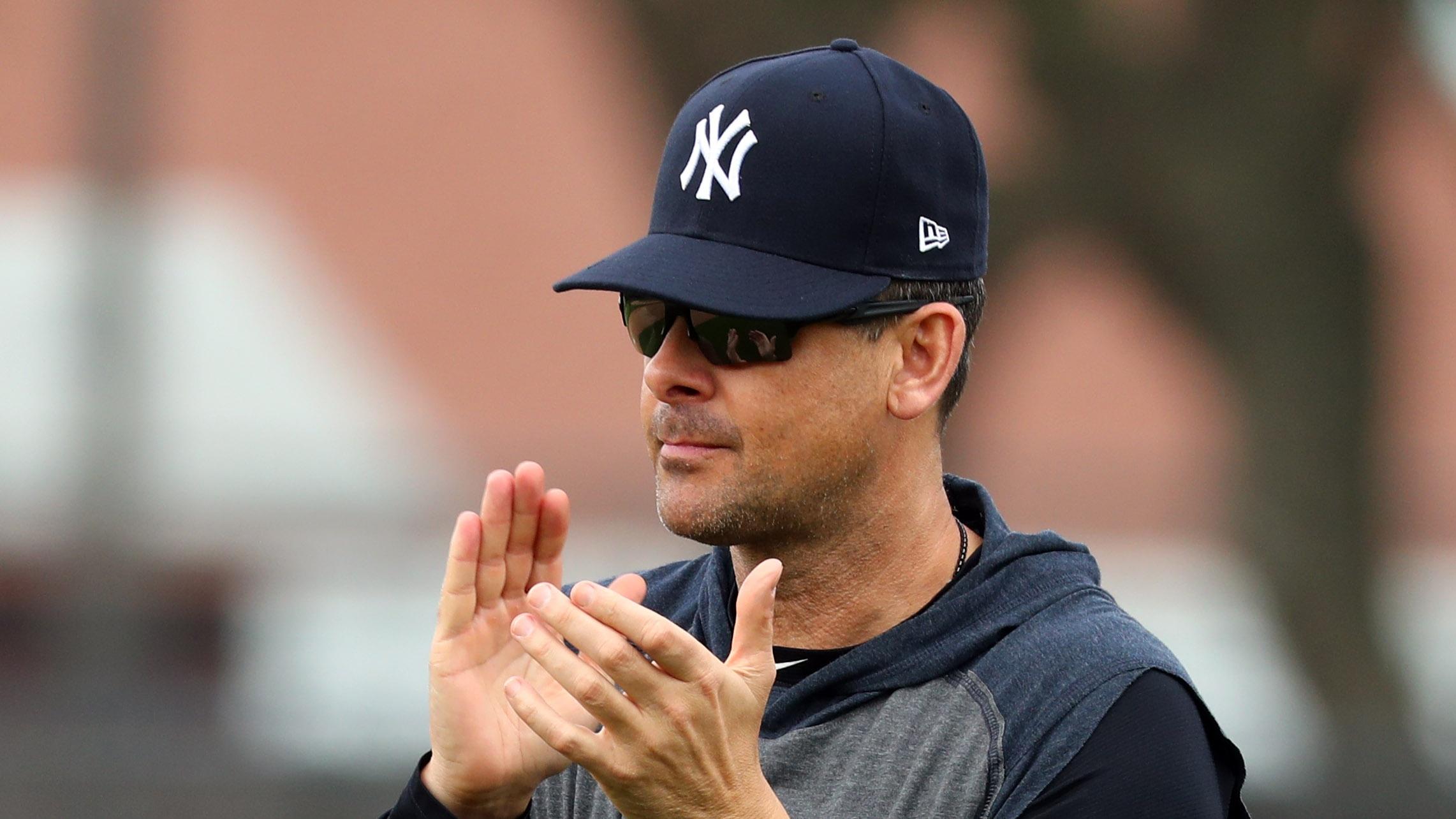 Feb 13, 2020; Tampa, Florida, USA; New York Yankees manager Aaron Boone (17) claps during spring training at George M. Steinbrenner Field. Mandatory Credit: Kim Klement-USA TODAY Sports / © Kim Klement-USA TODAY Sports